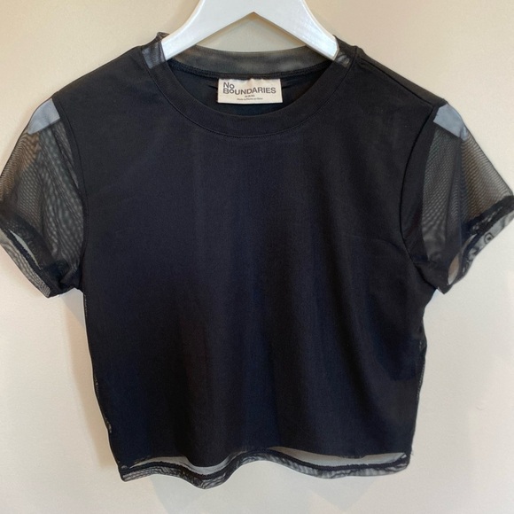 No Boundaries Mesh Overlay Crop T Shirt Black Medium - Picture 1 of 5